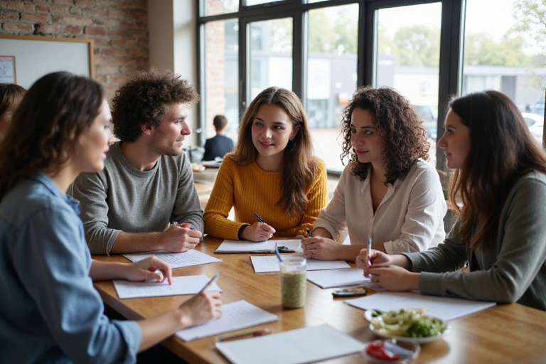 Un grupo de personas participando activamente en un taller de nutrición, aprendiendo y colaborando.