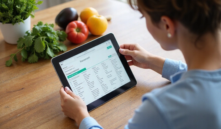 A nutritionist consulting with a client, showing a personalized diet plan on a tablet, with fresh fruits and vegetables on the table, warm and professional setting, natural background, no text.